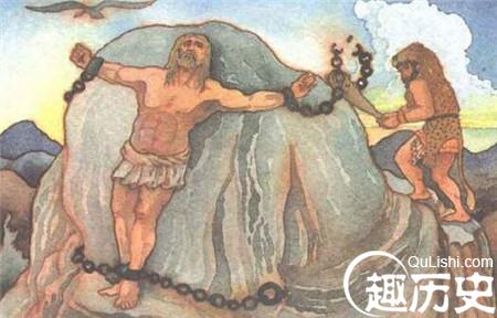 囚于山上的普罗米修斯被剥光衣服,双手被铁链挂着,钉子刺穿了他的胸口